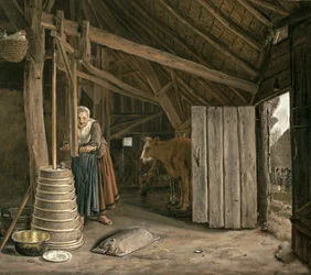 Interior de granero con una criada batiendo mantequilla